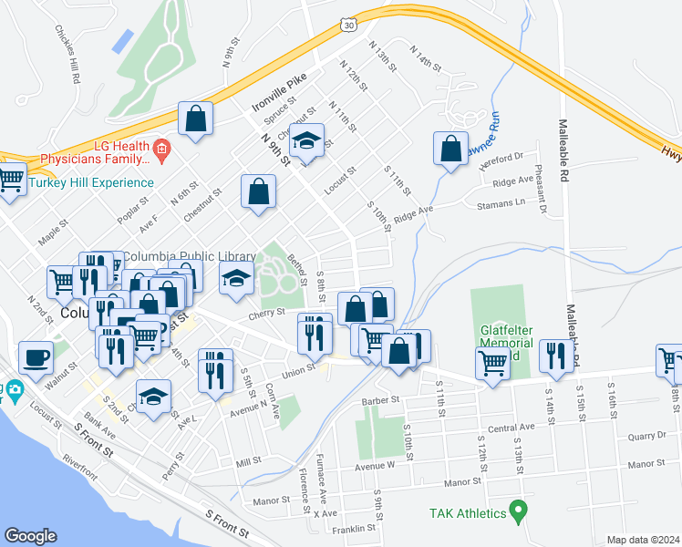 map of restaurants, bars, coffee shops, grocery stores, and more near 830 Houston Street in Columbia