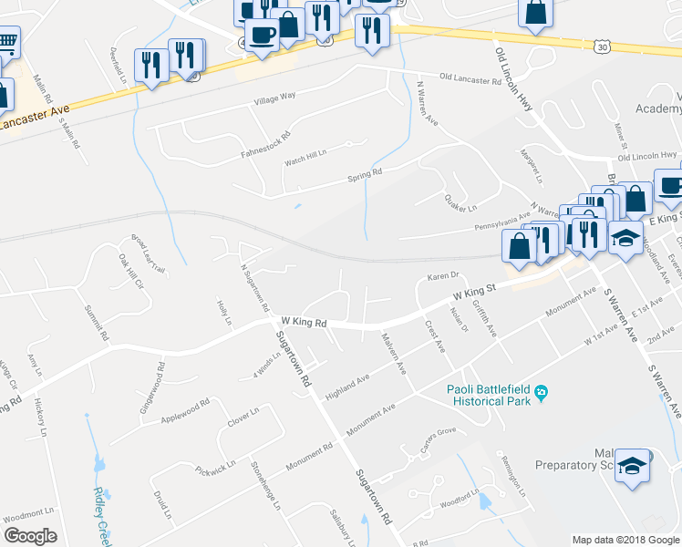 map of restaurants, bars, coffee shops, grocery stores, and more near 1112 Charleston Green in Malvern