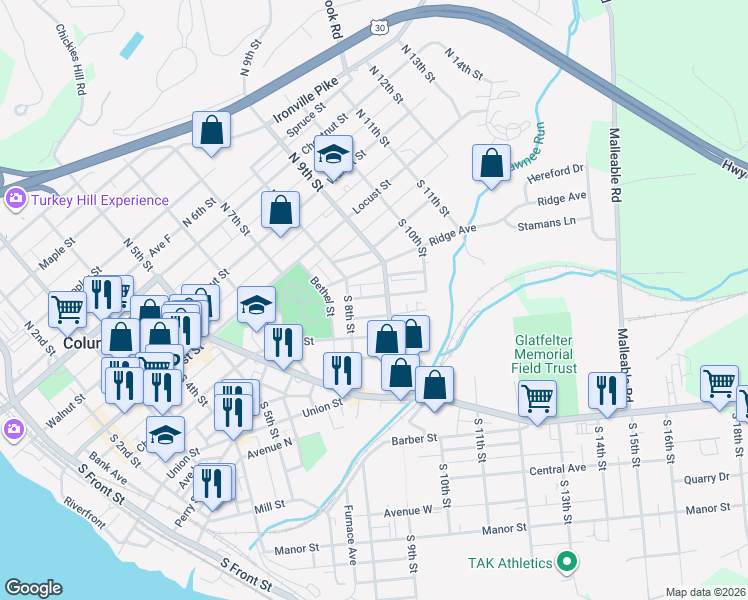 map of restaurants, bars, coffee shops, grocery stores, and more near 834 Houston Street in Columbia