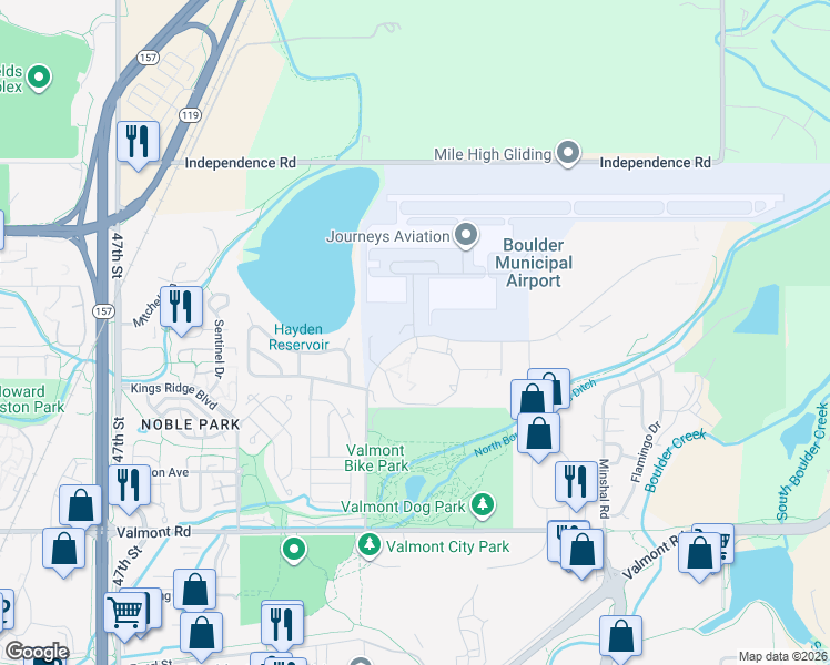 map of restaurants, bars, coffee shops, grocery stores, and more near 5330 Airport Road in Boulder