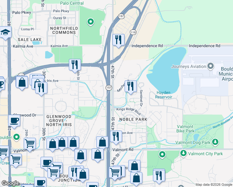 map of restaurants, bars, coffee shops, grocery stores, and more near 3300 Mitchell Lane in Boulder