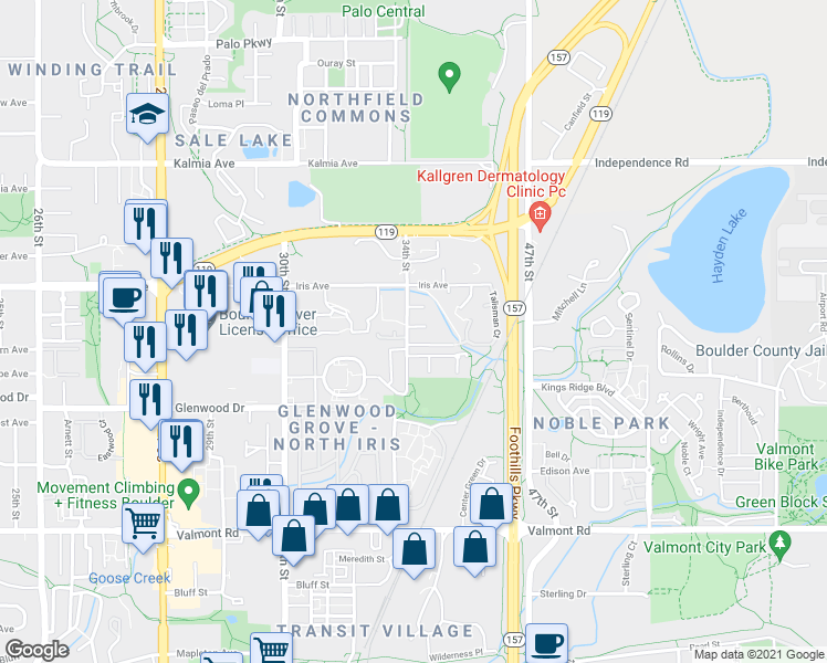 map of restaurants, bars, coffee shops, grocery stores, and more near 3360 34th Street in Boulder