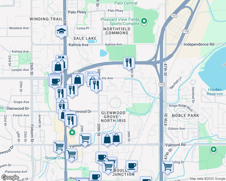 map of restaurants, bars, coffee shops, grocery stores, and more near 3120 Corona Trail in Boulder