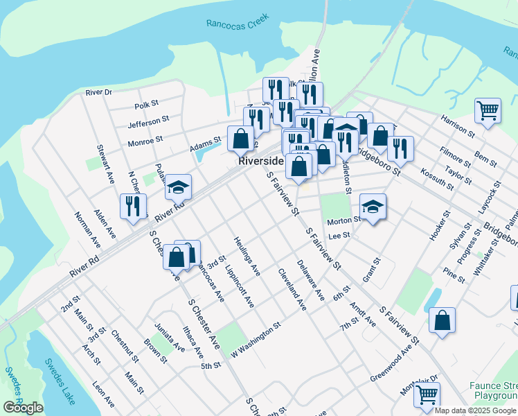 map of restaurants, bars, coffee shops, grocery stores, and more near 204 Delaware Avenue in Riverside