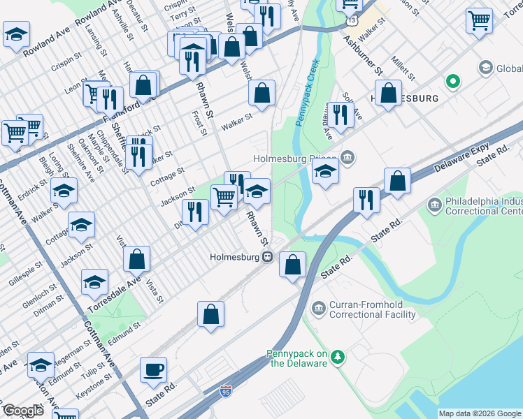 map of restaurants, bars, coffee shops, grocery stores, and more near 8001 Torresdale Avenue in Philadelphia