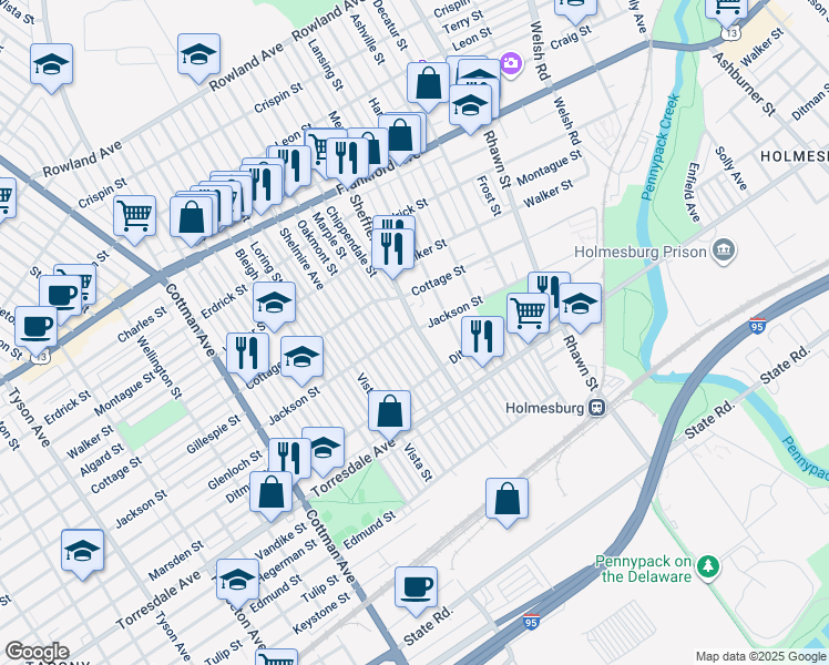 map of restaurants, bars, coffee shops, grocery stores, and more near 4508 Sheffield Avenue in Philadelphia