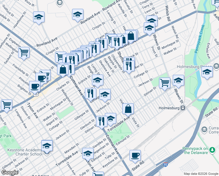 map of restaurants, bars, coffee shops, grocery stores, and more near 4401 Loring Street in Philadelphia