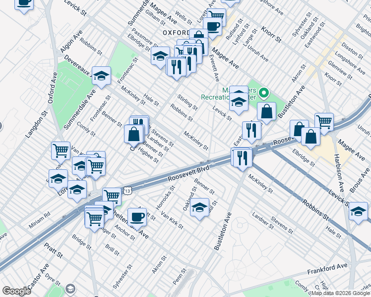 map of restaurants, bars, coffee shops, grocery stores, and more near 1540 Devereaux Avenue in Philadelphia