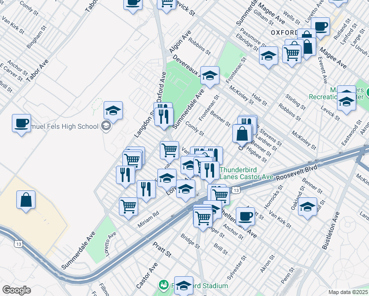 map of restaurants, bars, coffee shops, grocery stores, and more near 5901 Oxford Avenue in Philadelphia