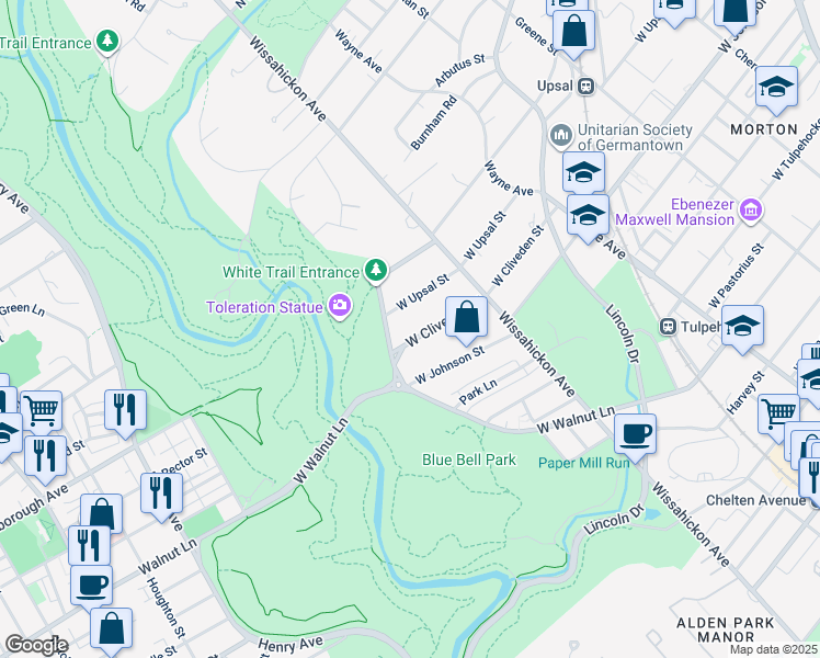 map of restaurants, bars, coffee shops, grocery stores, and more near 1025 West Cliveden Street in Philadelphia