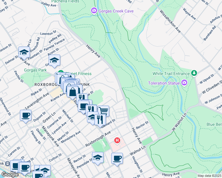 map of restaurants, bars, coffee shops, grocery stores, and more near 646 Green Lane in Philadelphia