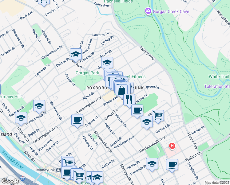 map of restaurants, bars, coffee shops, grocery stores, and more near 6182 Ridge Avenue in Philadelphia