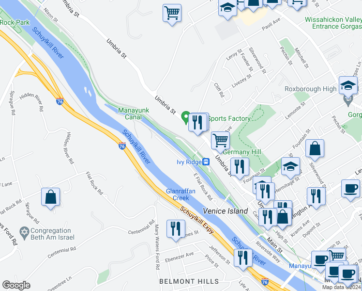 map of restaurants, bars, coffee shops, grocery stores, and more near 1 Parker Avenue in Philadelphia