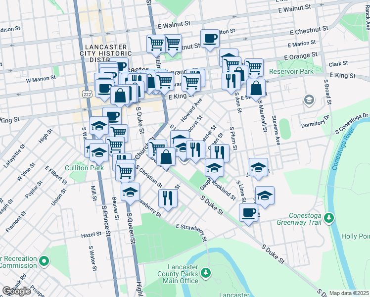 map of restaurants, bars, coffee shops, grocery stores, and more near 228 Chester Street in Lancaster