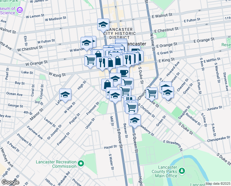map of restaurants, bars, coffee shops, grocery stores, and more near 37 West Farnum Street in Lancaster