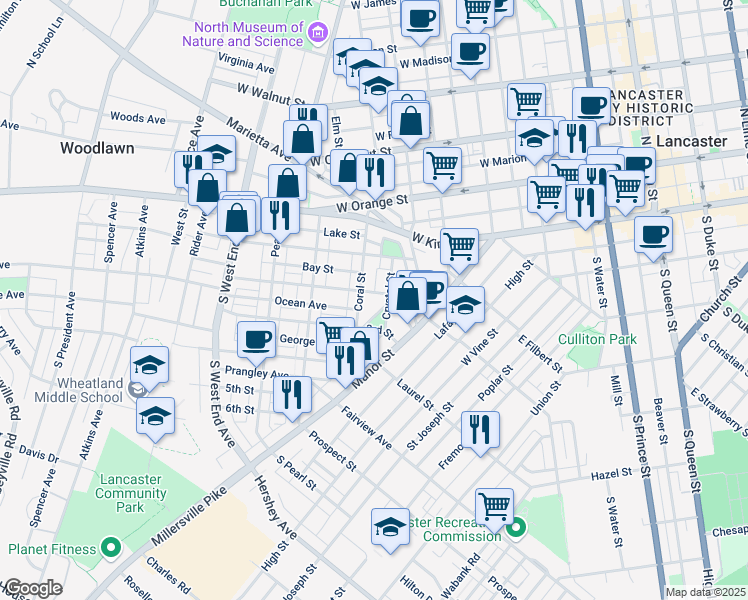 map of restaurants, bars, coffee shops, grocery stores, and more near 214 Coral Street in Lancaster