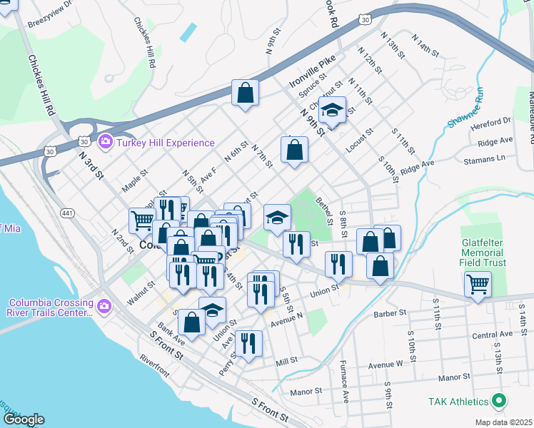 map of restaurants, bars, coffee shops, grocery stores, and more near 563 Locust Street in Columbia