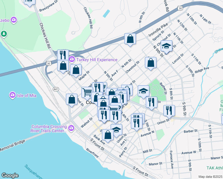 map of restaurants, bars, coffee shops, grocery stores, and more near 457 Avenue G in Columbia