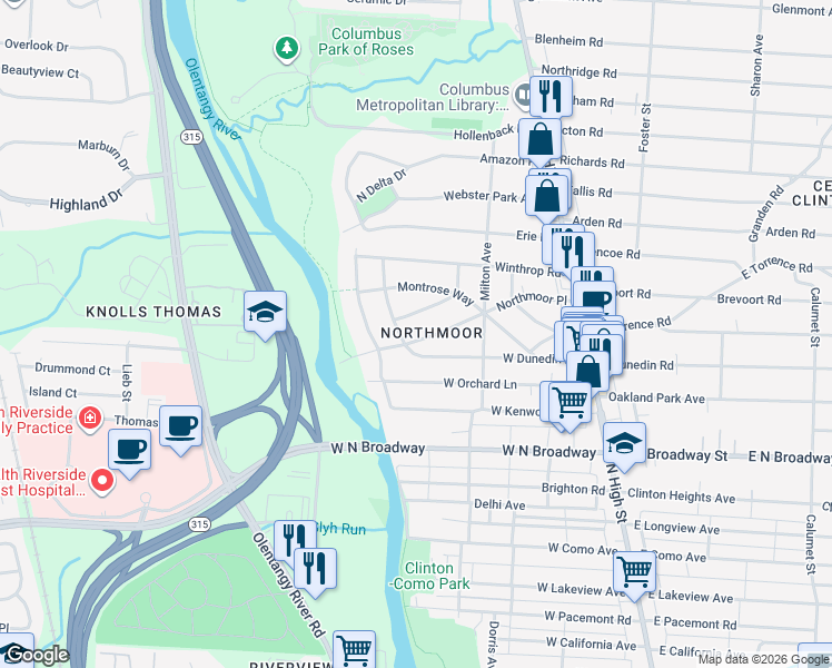 map of restaurants, bars, coffee shops, grocery stores, and more near 240 Northmoor Place in Columbus
