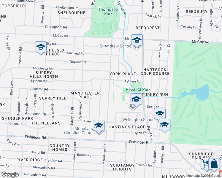 map of restaurants, bars, coffee shops, grocery stores, and more near 3884 Mountview Road in Columbus