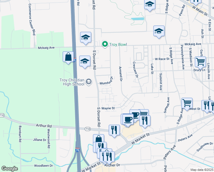 map of restaurants, bars, coffee shops, grocery stores, and more near 645 Mumford Drive in Troy
