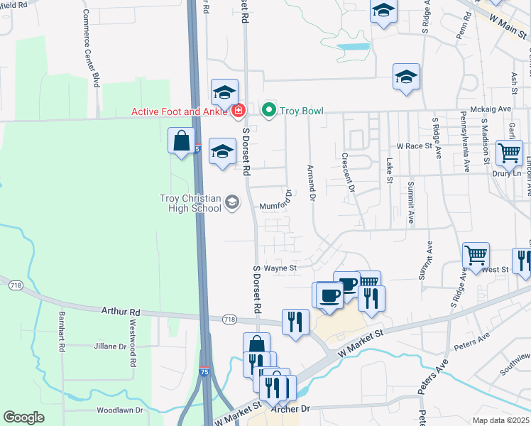 map of restaurants, bars, coffee shops, grocery stores, and more near 675 Mumford Drive in Troy