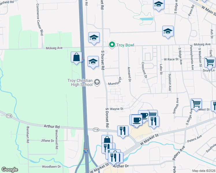 map of restaurants, bars, coffee shops, grocery stores, and more near 675 Mumford Drive in Troy