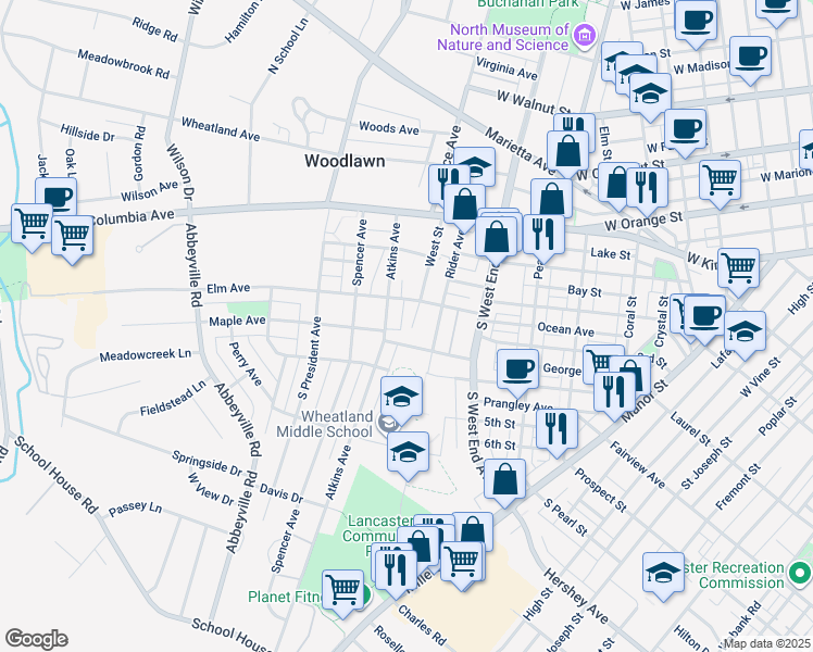 map of restaurants, bars, coffee shops, grocery stores, and more near 966 Elm Avenue in Lancaster