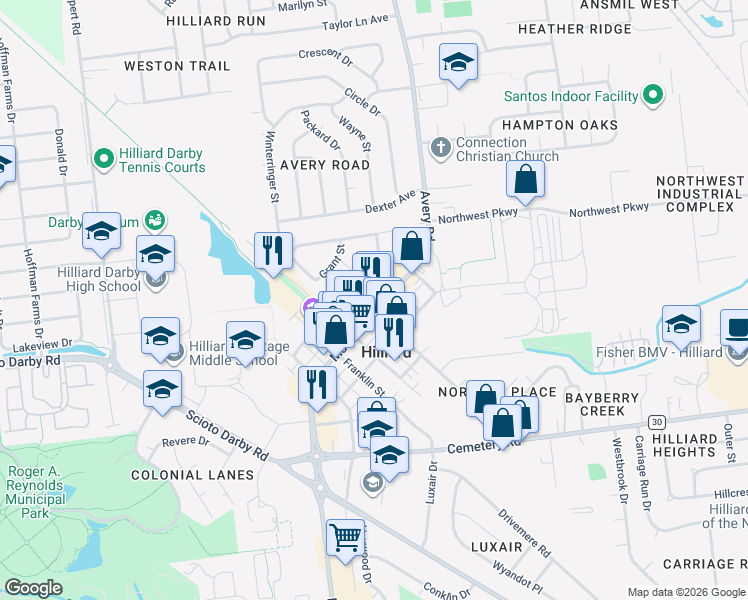 map of restaurants, bars, coffee shops, grocery stores, and more near 4069 Main Street in Hilliard