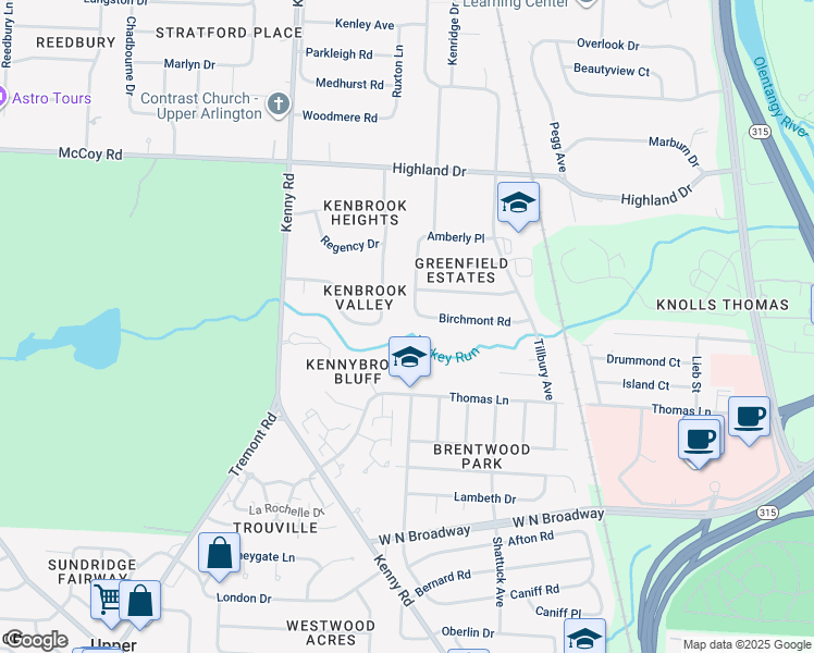 map of restaurants, bars, coffee shops, grocery stores, and more near 1055 Birchmont Road in Columbus