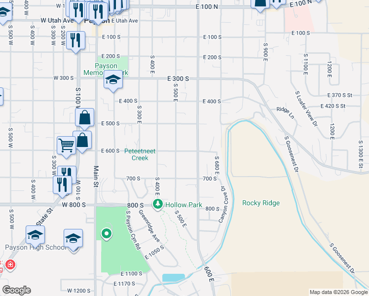 map of restaurants, bars, coffee shops, grocery stores, and more near 545 East 600 South in Payson