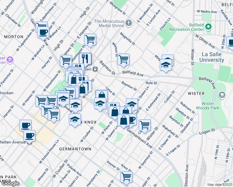 map of restaurants, bars, coffee shops, grocery stores, and more near 109 East Coulter Street in Philadelphia