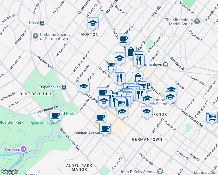 map of restaurants, bars, coffee shops, grocery stores, and more near 242 West Haines Street in Philadelphia