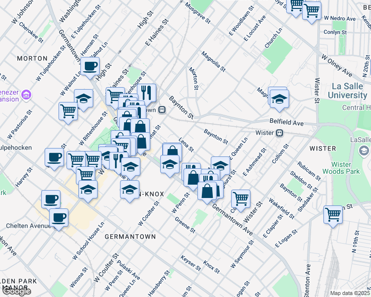 map of restaurants, bars, coffee shops, grocery stores, and more near 5414 Lena Street in Philadelphia
