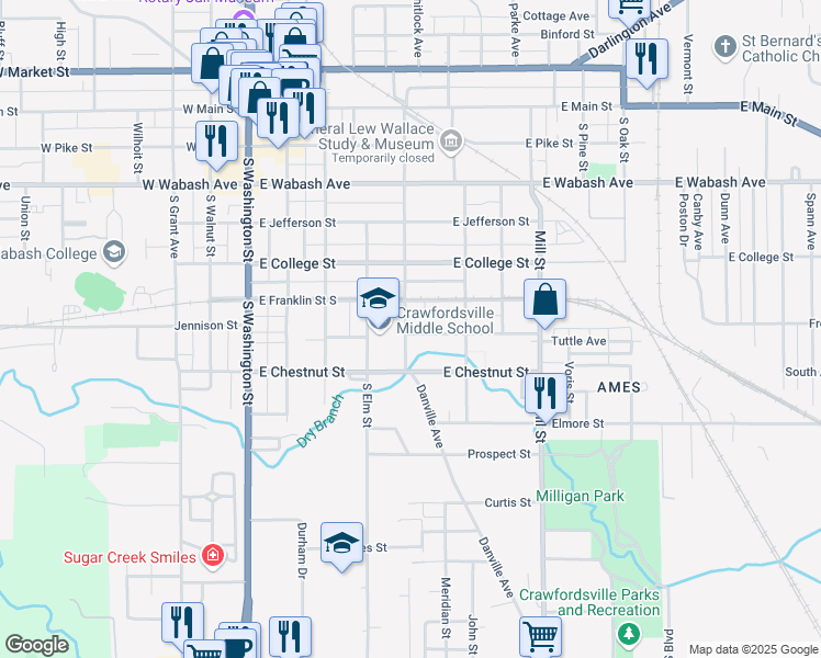 map of restaurants, bars, coffee shops, grocery stores, and more near 612 Wallace Avenue in Crawfordsville