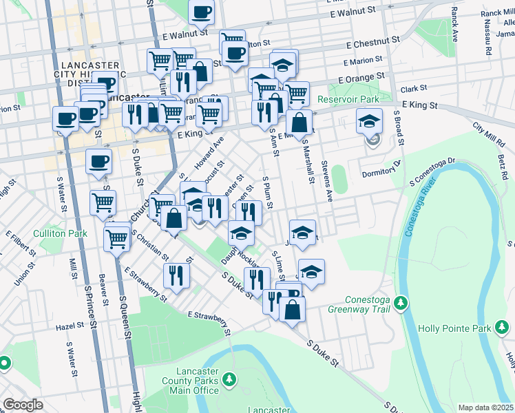 map of restaurants, bars, coffee shops, grocery stores, and more near 558 Pershing Avenue in Lancaster