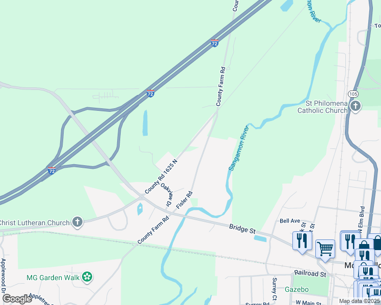map of restaurants, bars, coffee shops, grocery stores, and more near 823 County Road 1625 North in Monticello