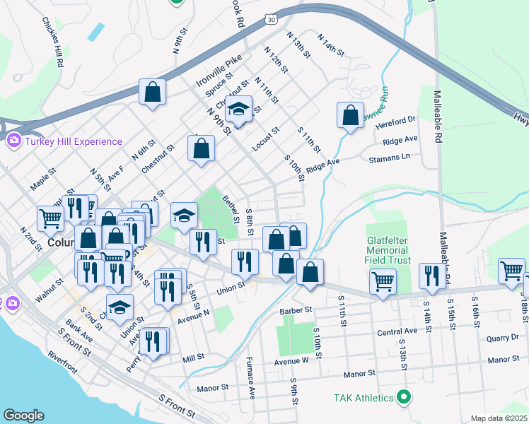 map of restaurants, bars, coffee shops, grocery stores, and more near 830 Houston Street in Columbia