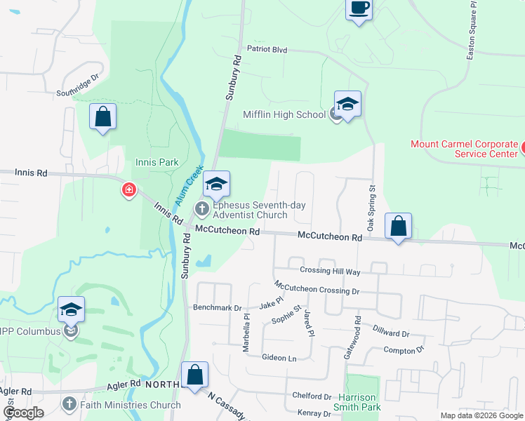 map of restaurants, bars, coffee shops, grocery stores, and more near 3122 Mccutcheon Place in Columbus