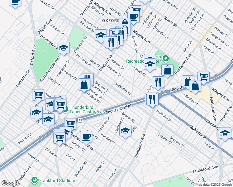 map of restaurants, bars, coffee shops, grocery stores, and more near 1540 Devereaux Avenue in Philadelphia