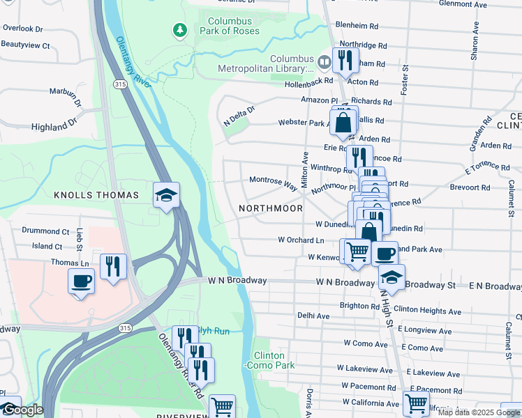 map of restaurants, bars, coffee shops, grocery stores, and more near 240 Northmoor Place in Columbus