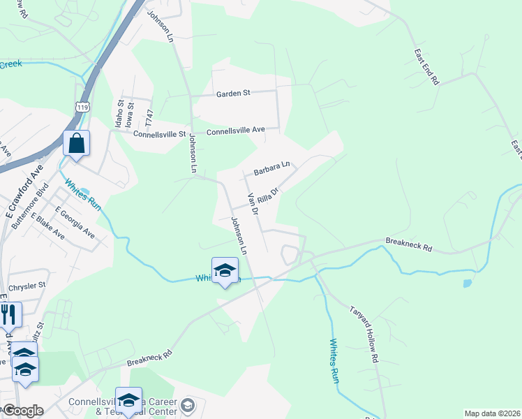 map of restaurants, bars, coffee shops, grocery stores, and more near 174 Van Dr in Connellsville