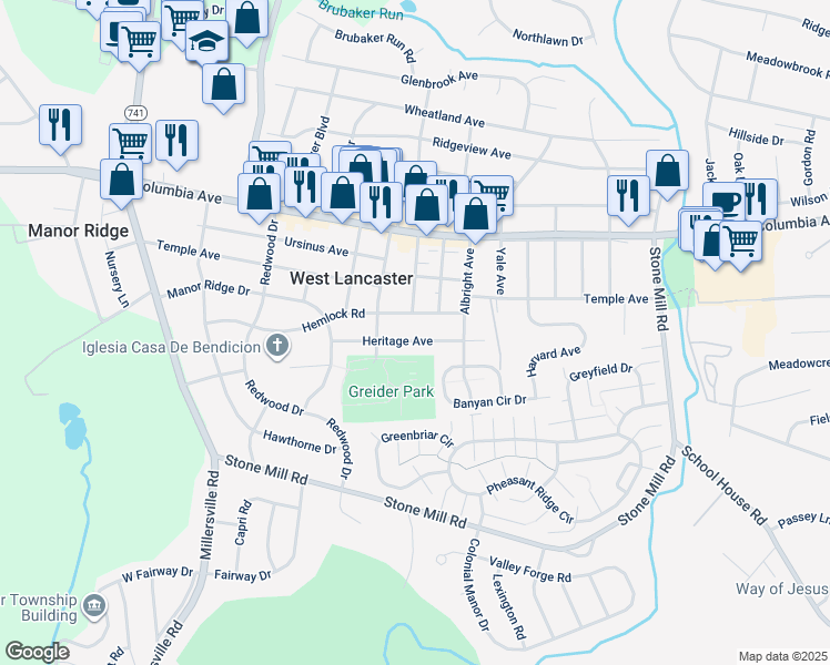 map of restaurants, bars, coffee shops, grocery stores, and more near 1767 Heritage Ave in Lancaster