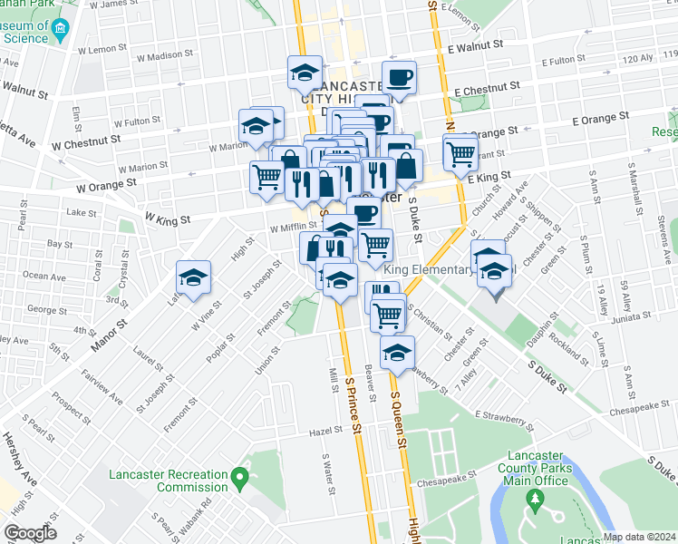 map of restaurants, bars, coffee shops, grocery stores, and more near 137 South Prince Street in Lancaster