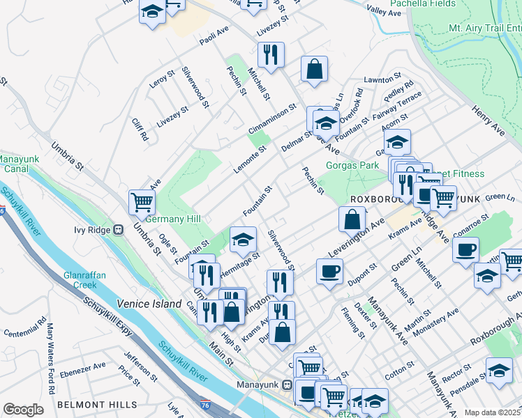 map of restaurants, bars, coffee shops, grocery stores, and more near 4791 Silverwood Street in Philadelphia