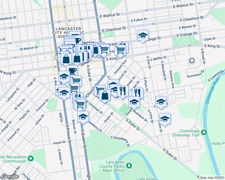 map of restaurants, bars, coffee shops, grocery stores, and more near 241 Locust Street in Lancaster