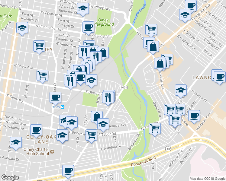 map of restaurants, bars, coffee shops, grocery stores, and more near 5618 Arbor Street in Philadelphia