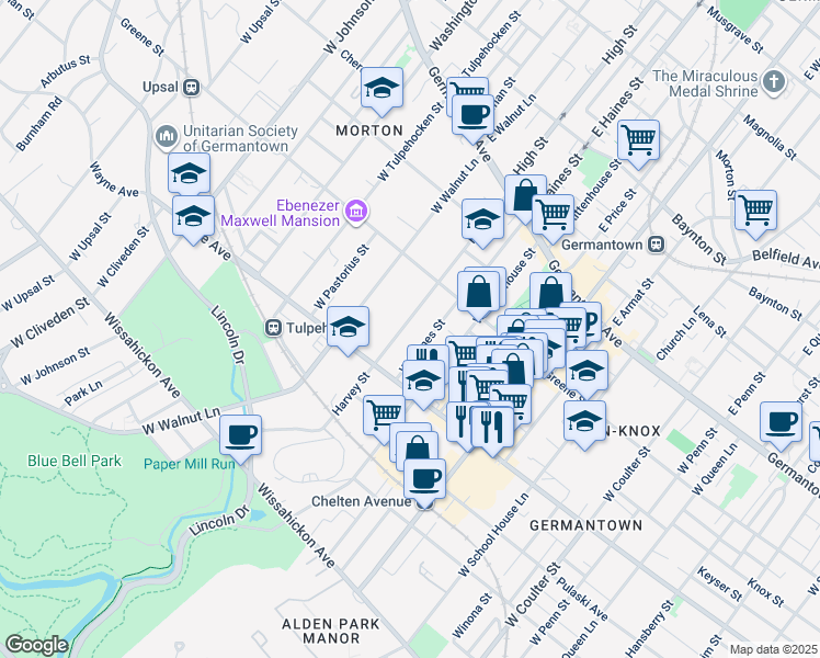 map of restaurants, bars, coffee shops, grocery stores, and more near 250 Harvey Street in Philadelphia
