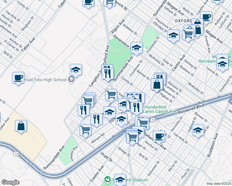 map of restaurants, bars, coffee shops, grocery stores, and more near 5901 Oxford Avenue in Philadelphia