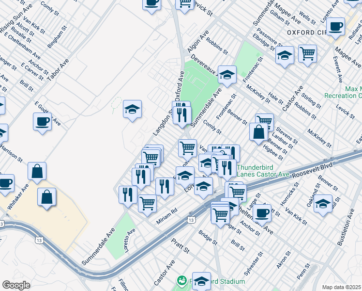 map of restaurants, bars, coffee shops, grocery stores, and more near 1108 Alcott Street in Philadelphia